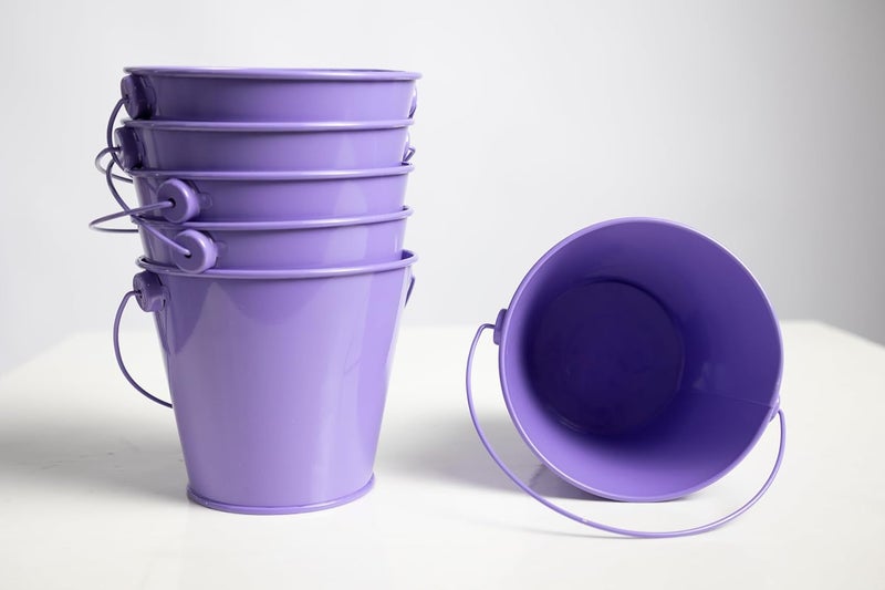 Dominus Decors Small Metal Buckets with Handles - Rust Resistant Leak-Proof Mini Tin Buckets for Classroom, Party Favors, Organization, Weddings, Gardening - Set of 6, Purple - Image 1